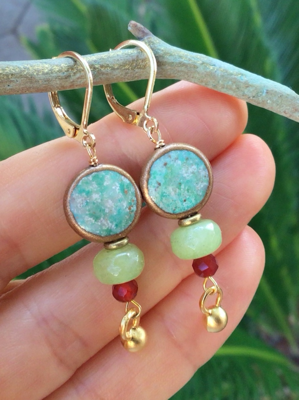 Turquoise Peridot Carnelian Gold Edge Sundance Charm Earrings